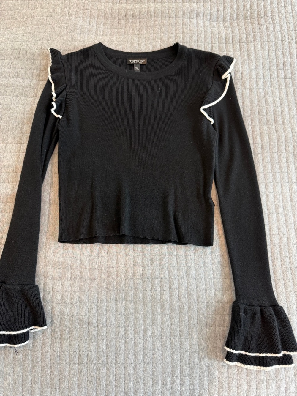 Topshop Black Long-Sleeve Ruffle Trim Knit Top with White Piping